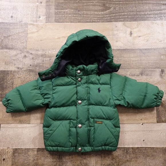 Polo Ralph Lauren Down Puffer Jacket Baby 12M Green Hooded Winter Coat - Picture 1 of 8